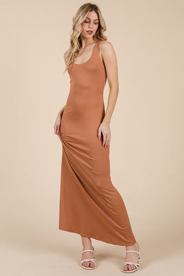 Camel Scoop Neck Fishtail Maxi Dress