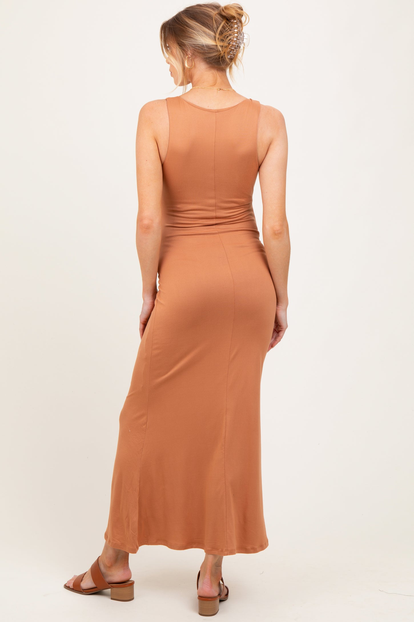 Camel Scoop Neck Fishtail Maternity Maxi Dress