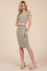 Sage Striped Double Layered Square Neck Maternity Midi Dress