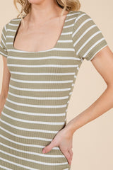 Sage Striped Double Layered Square Neck Midi Dress