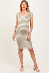 Sage Striped Double Layered Square Neck Maternity Midi Dress