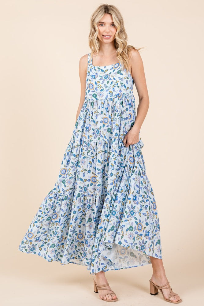Blue Floral Sleeveless Tiered Maxi Dress