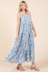 Blue Floral Sleeveless Tiered Maxi Dress