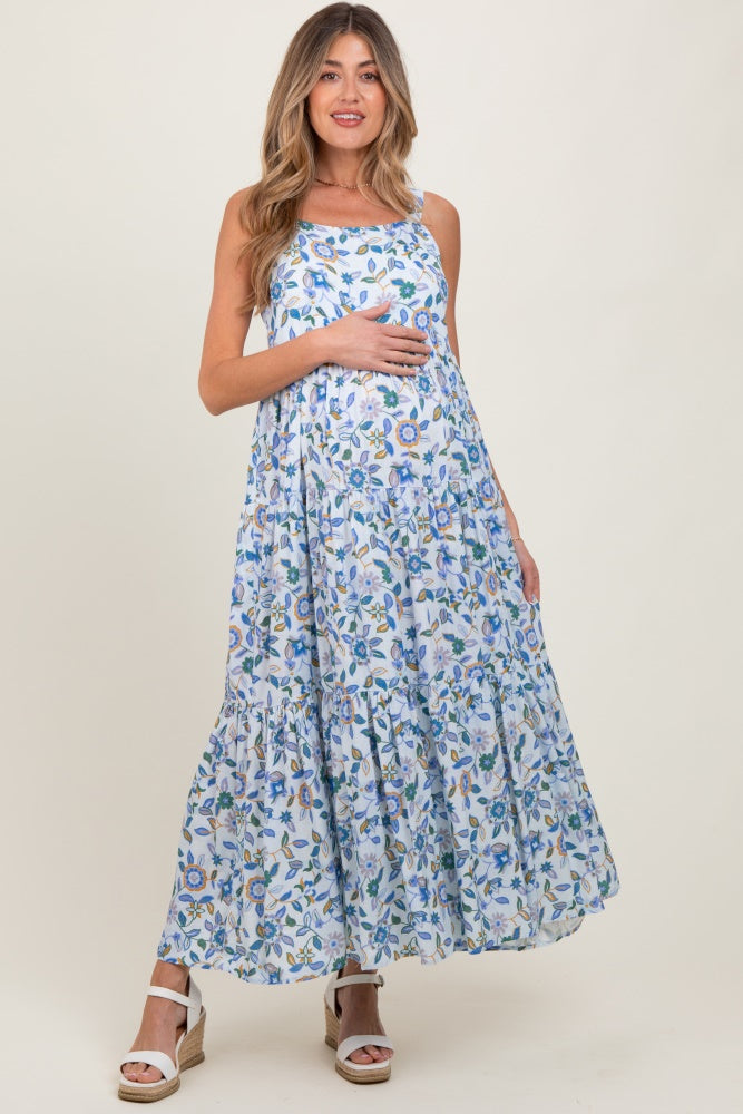 Blue Floral Sleeveless Tiered Maternity Maxi Dress