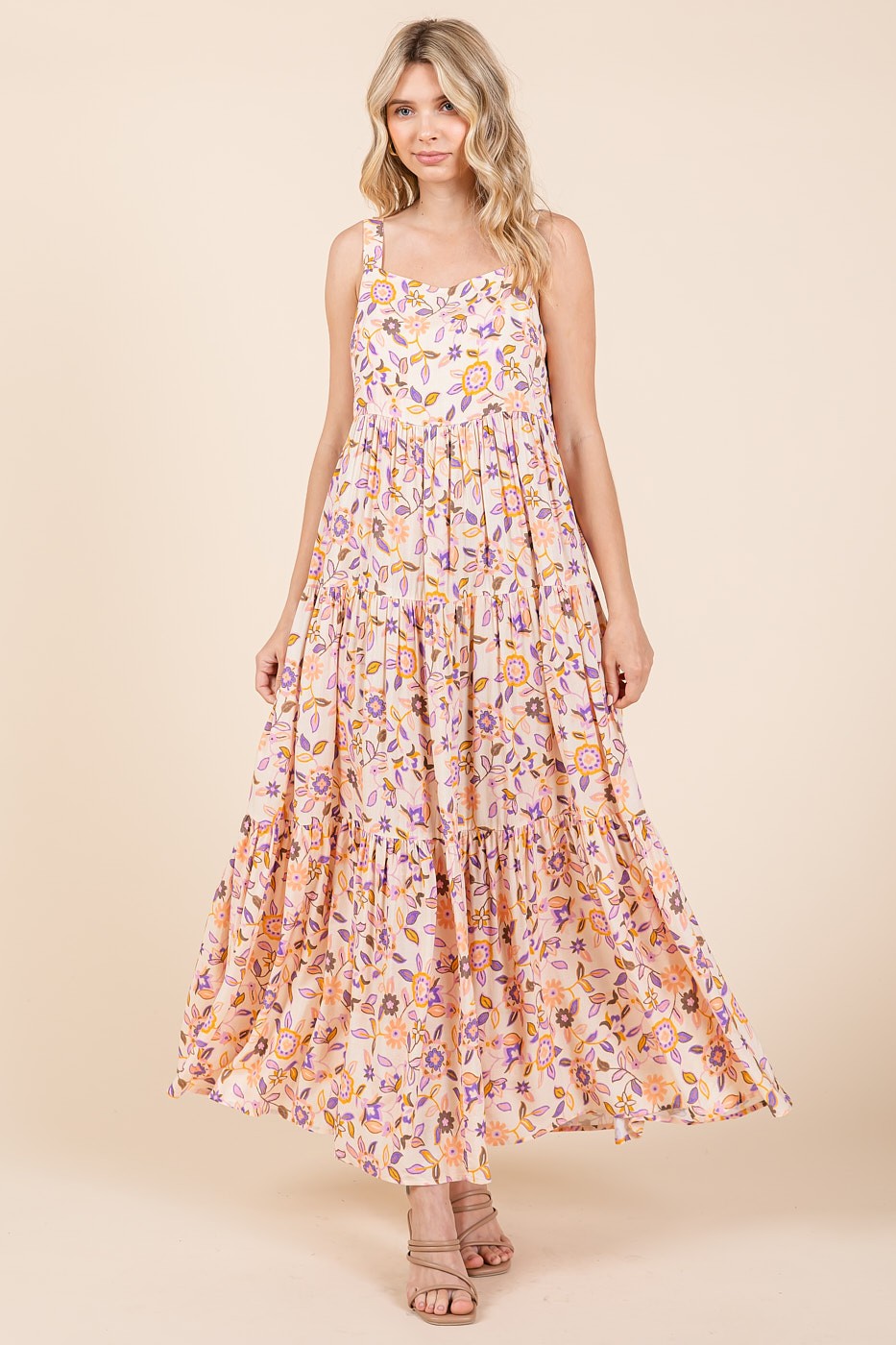 Peach Floral Sleeveless Tiered Maternity Maxi Dress