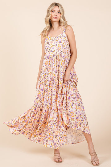 Peach Floral Sleeveless Tiered Maxi Dress
