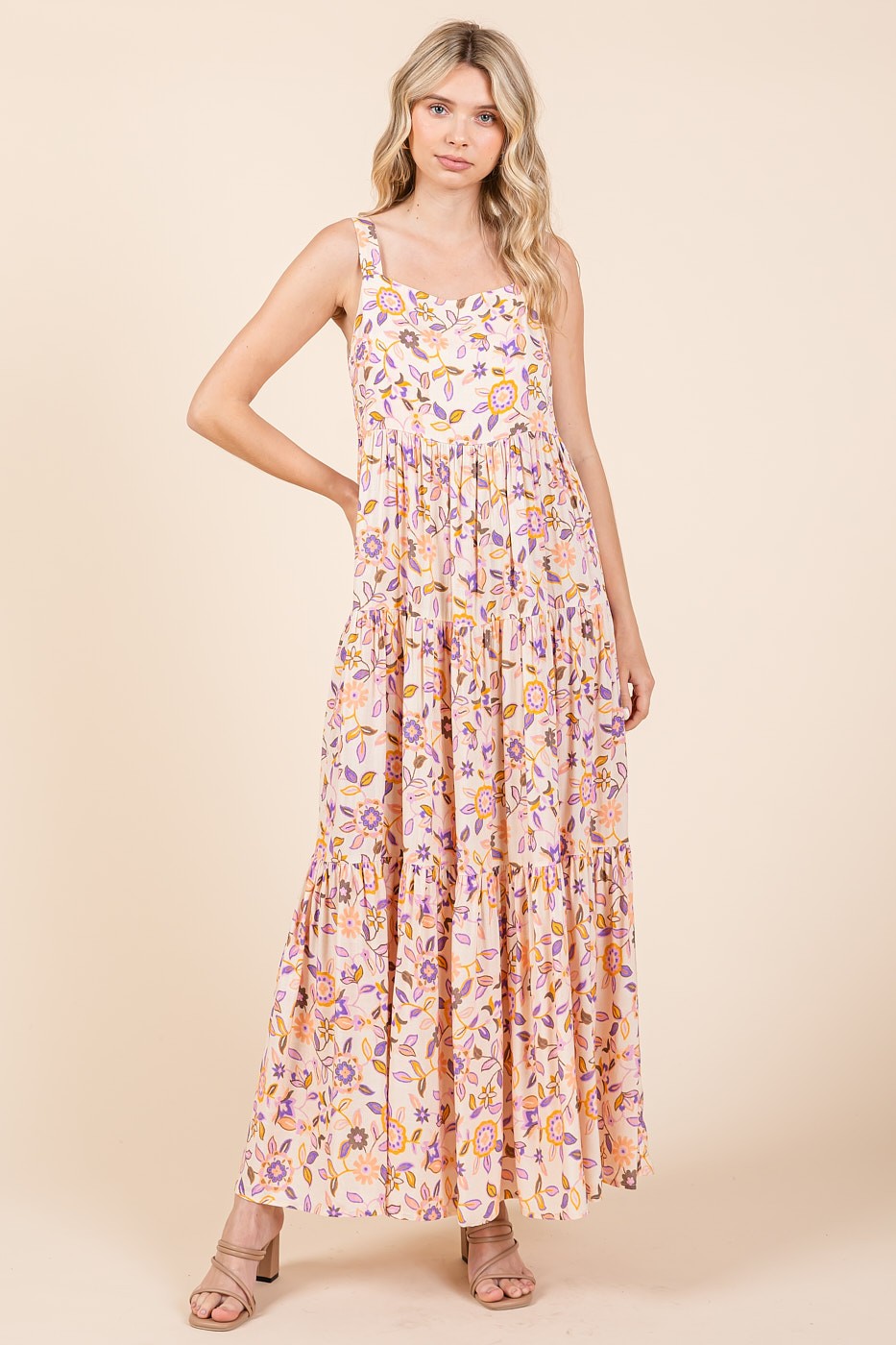 Peach Floral Sleeveless Tiered Maxi Dress