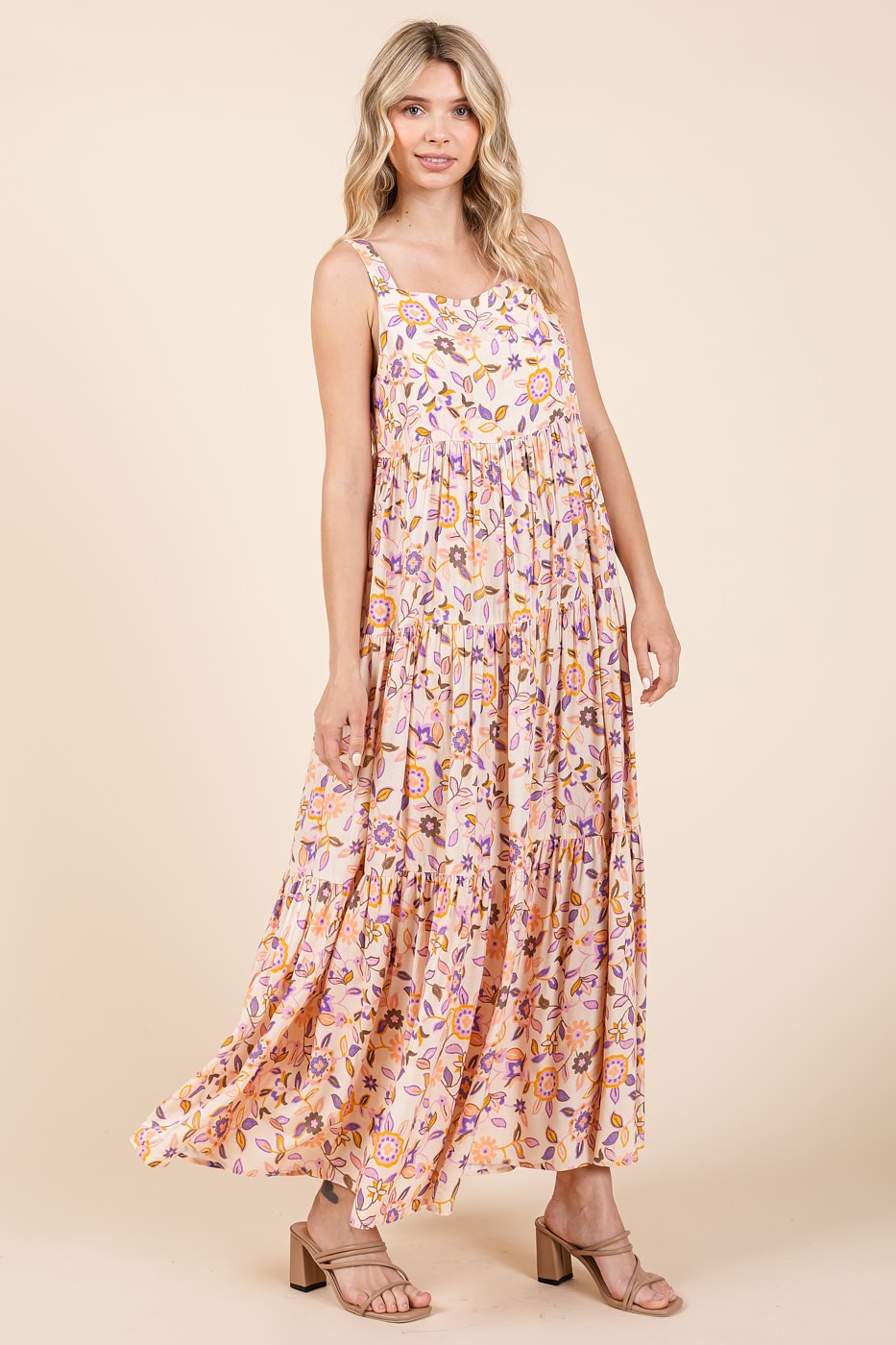 Peach Floral Sleeveless Tiered Maxi Dress