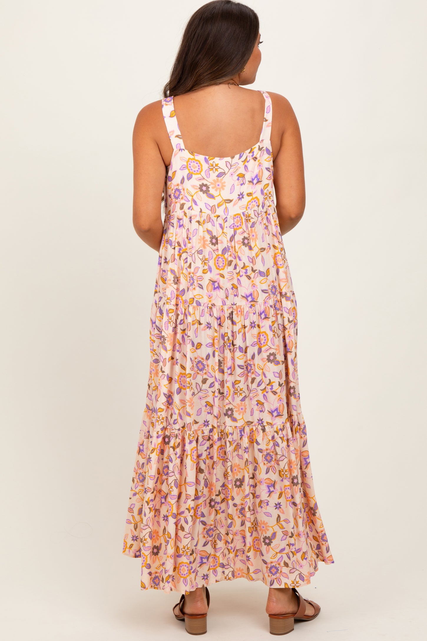 Peach Floral Sleeveless Tiered Maternity Maxi Dress