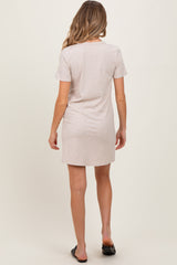 Beige Ribbed Knit Basic Short Sleeve Maternity T-Shirt Dress