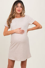 Beige Ribbed Knit Basic Short Sleeve Maternity T-Shirt Dress