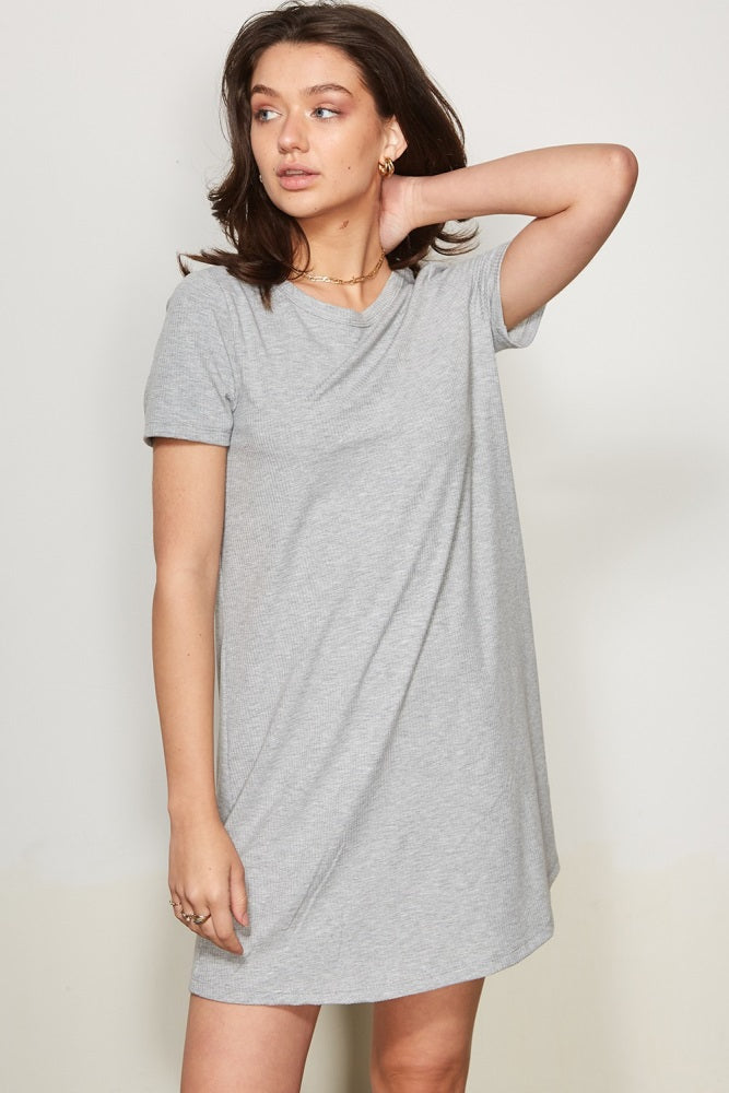 Heather Grey Ribbed Knit Basic Short Sleeve Maternity T-Shirt Dress