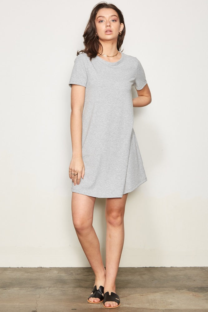 Heather Grey Ribbed Knit Basic Short Sleeve T-Shirt Dress