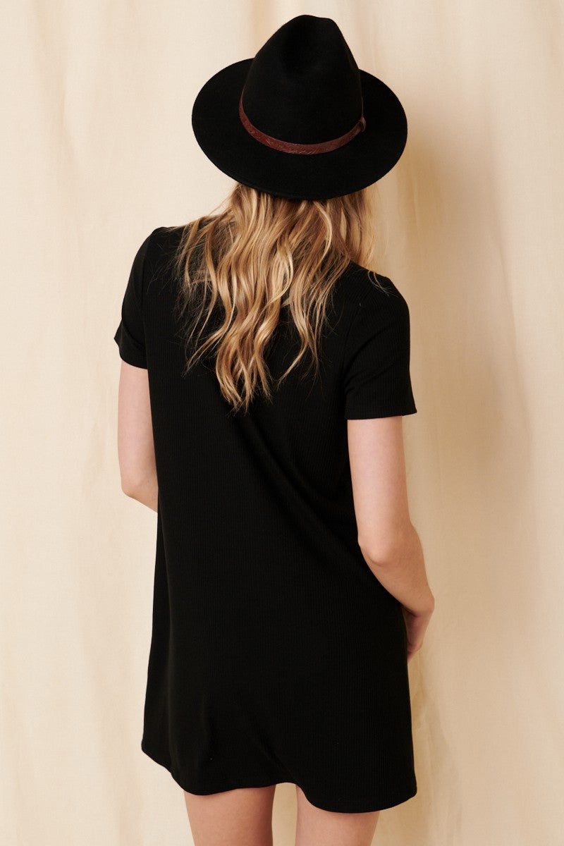 Black Ribbed Knit Basic Short Sleeve T-Shirt Dress