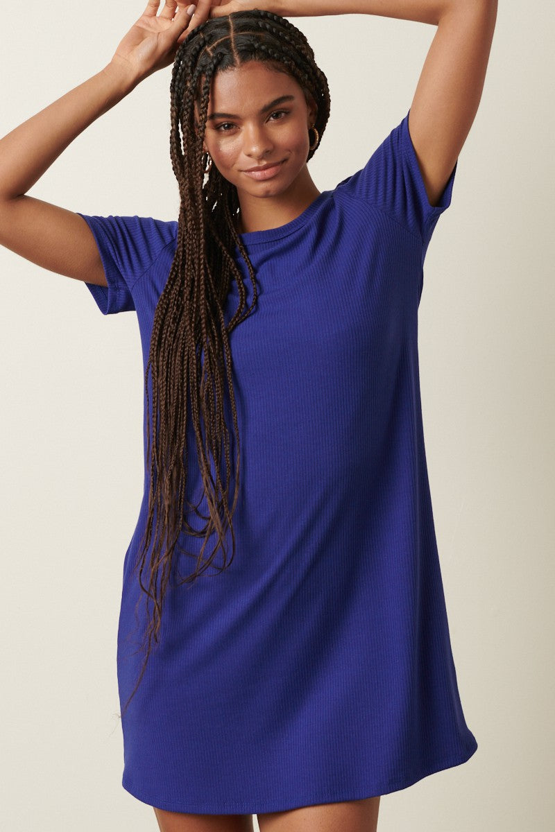 Navy Ribbed Knit Basic Short Sleeve T-Shirt Dress PinkBlush Navy Ribbed Knit Basic Short Sleeve T-Shirt Dress PinkBlush