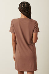 Brown Ribbed Knit Basic Short Sleeve T-Shirt Dress