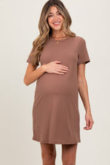 Brown Ribbed Knit Basic Short Sleeve Maternity T-Shirt Dress