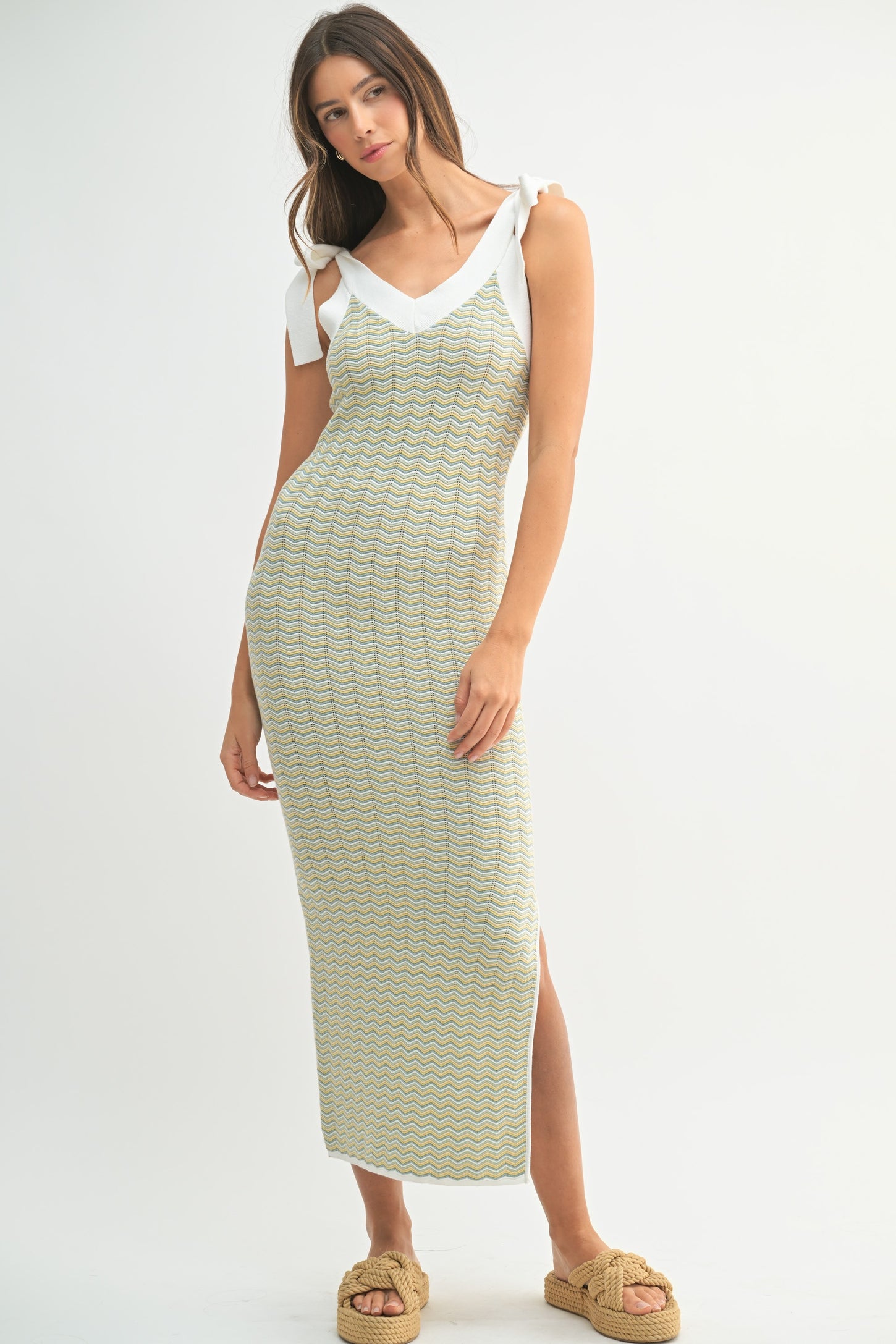 Light Olive Chevron Knit Shoulder Tie Midi Dress