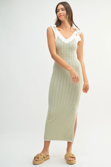 Light Olive Chevron Knit Shoulder Tie Midi Dress
