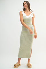 Light Olive Chevron Knit Shoulder Tie Midi Dress