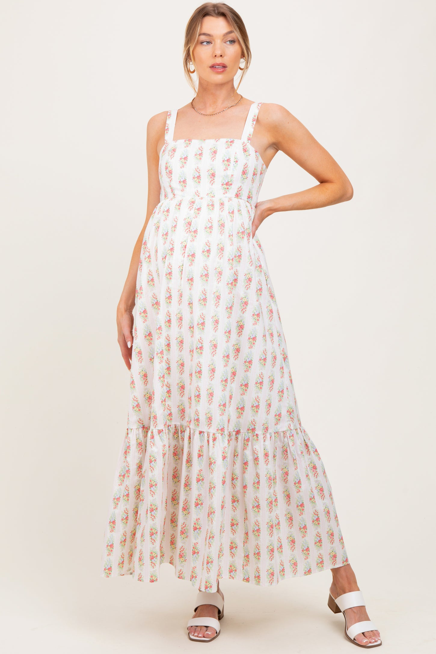 Ivory Floral Print Ruffle Hem Maternity Maxi Dress