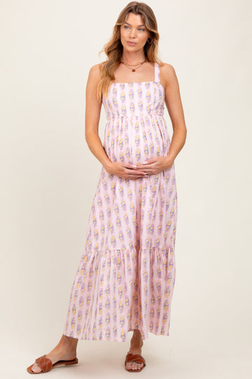 Pink Floral Print Ruffle Hem Maternity Maxi Dress