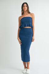 Navy Strapless Ribbed Knit Peplum Top Midi Skirt Maternity Set