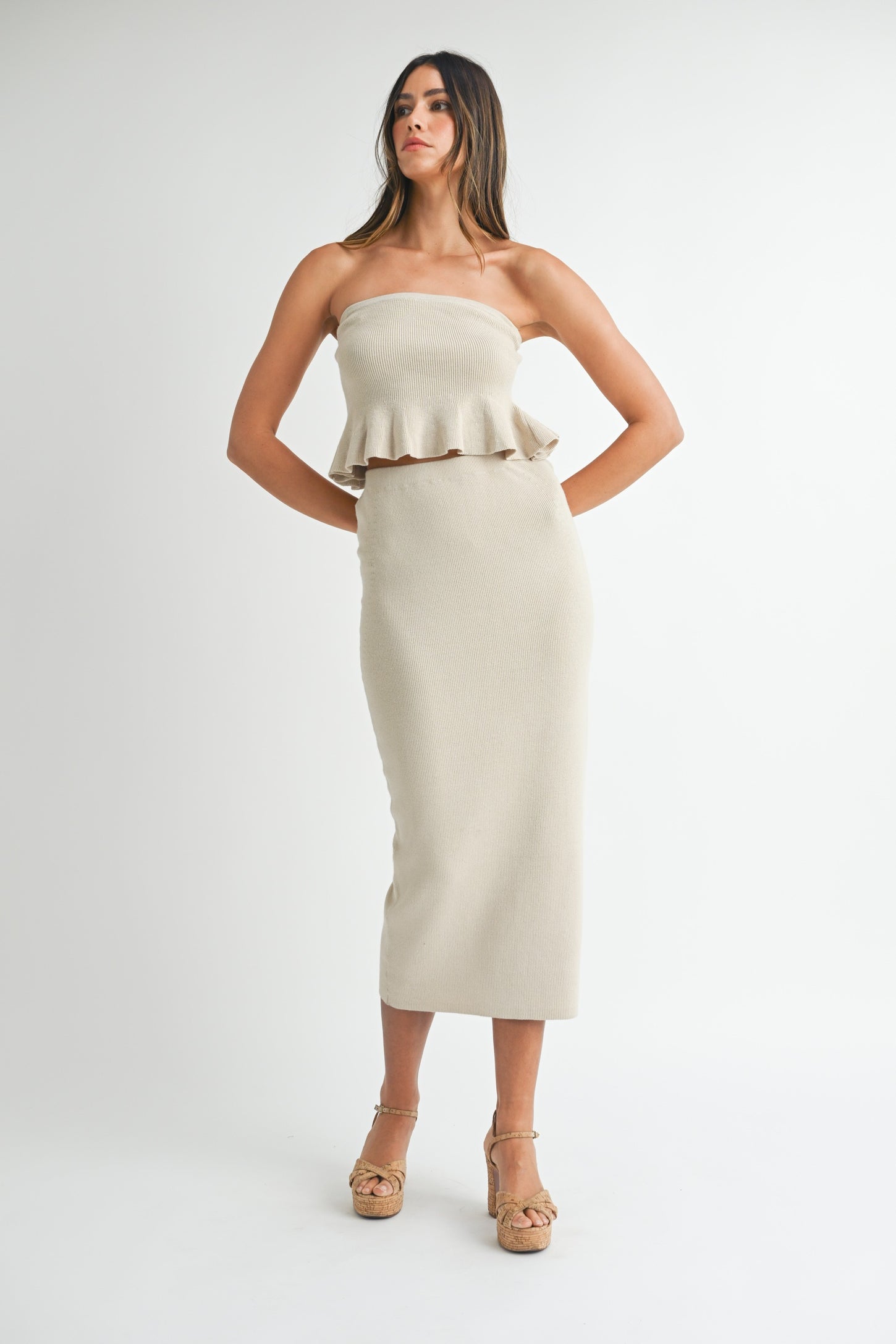 Cream Strapless Ribbed Knit Peplum Top Midi Skirt Maternity Set