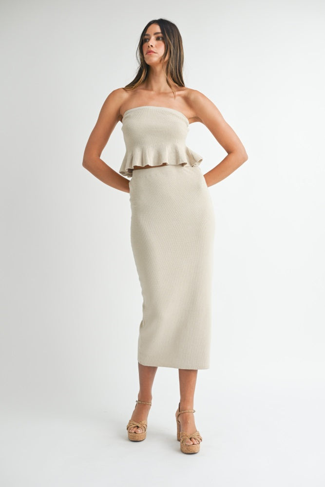 Cream Strapless Ribbed Knit Peplum Top Midi Skirt Set