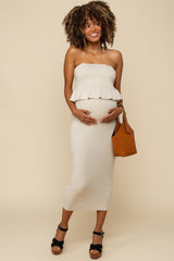 Cream Strapless Ribbed Knit Peplum Top Midi Skirt Maternity Set