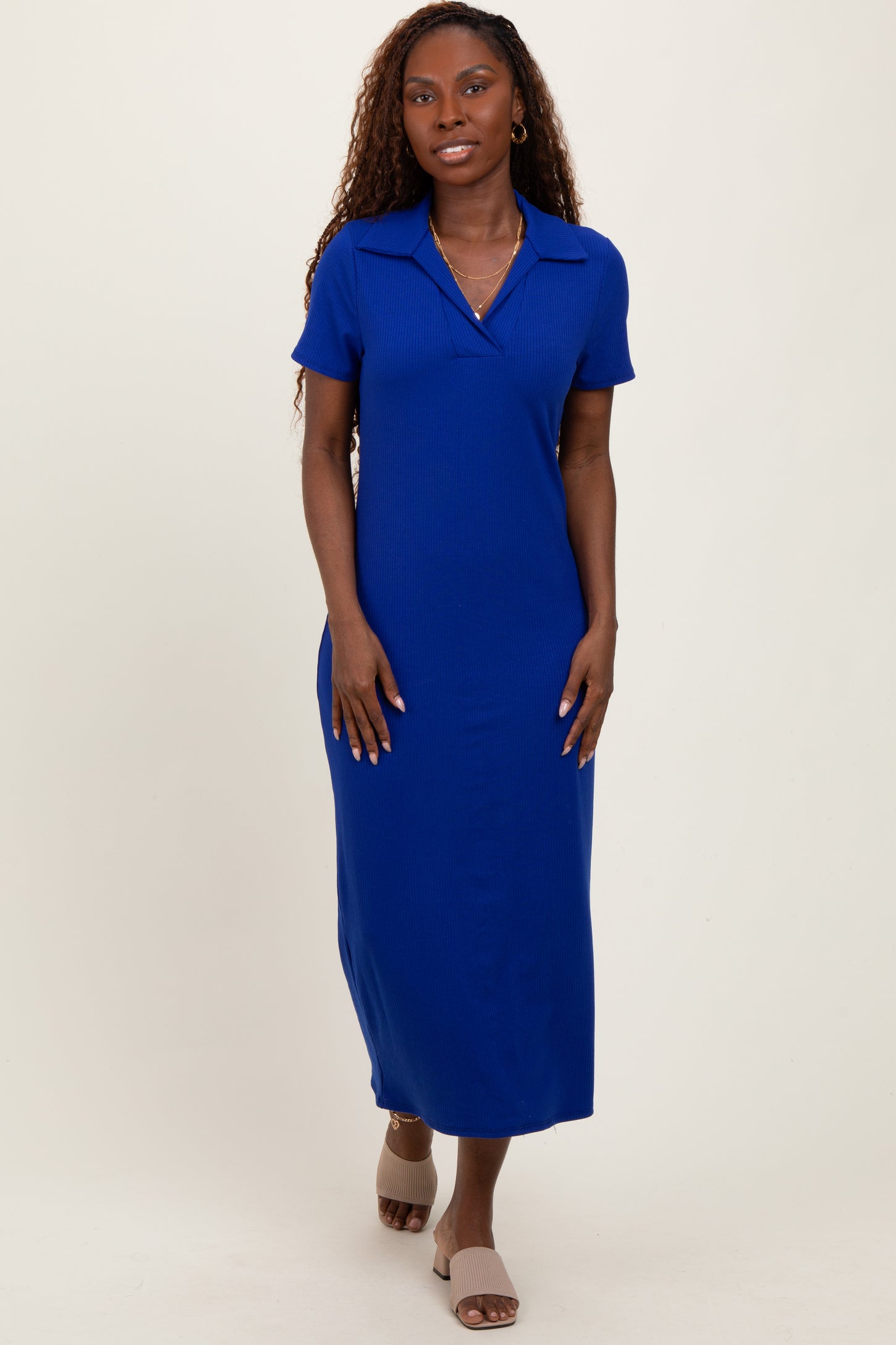 Royal Blue Ribbed Knit Polo Midi Dress