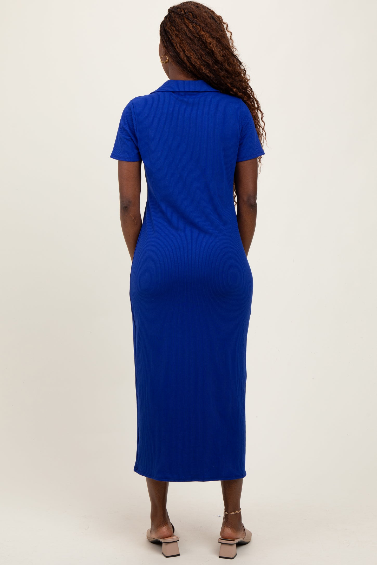 Royal Blue Ribbed Knit Polo Midi Dress