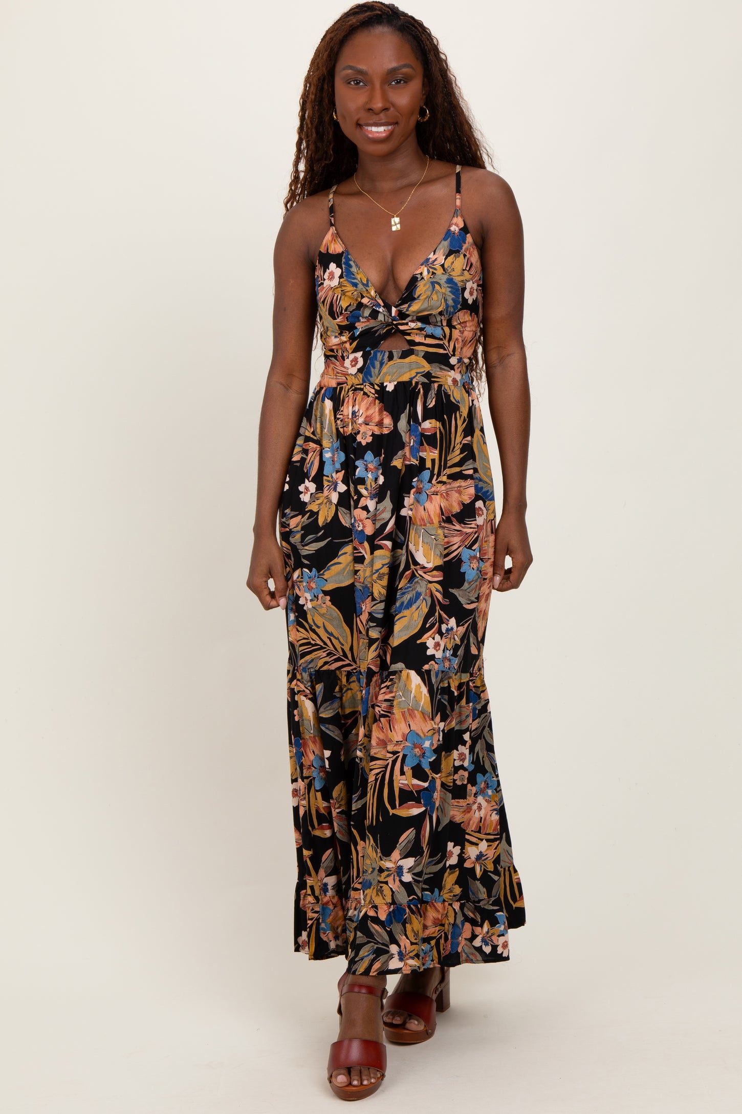 Black Tropical Print Twist Front Cutout Maternity Maxi Dress