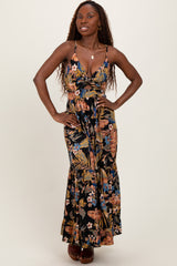 Black Tropical Print Twist Front Cutout Maxi Dress
