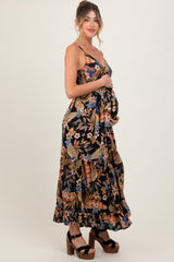 Black Tropical Print Twist Front Cutout Maternity Maxi Dress