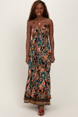 Black Floral Front Tie Tiered Maxi Dress