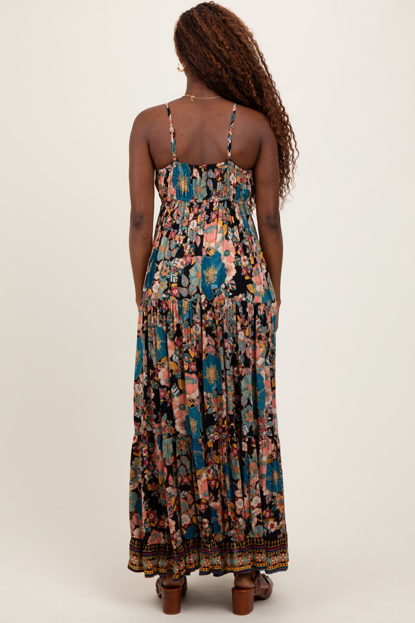 Black Floral Front Tie Tiered Maxi Dress