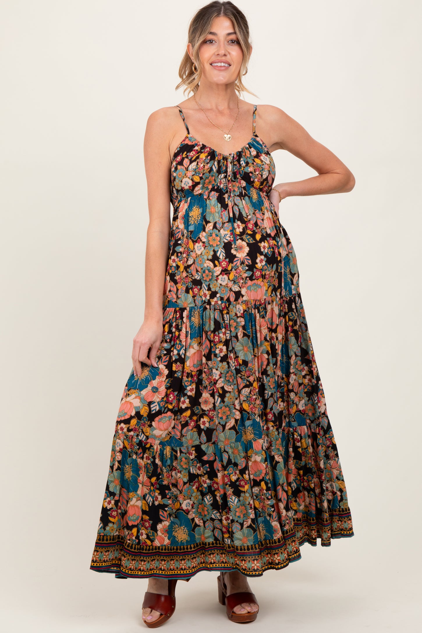 Black Floral Front Tie Tiered Maternity Maxi Dress