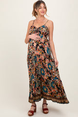 Black Floral Front Tie Tiered Maternity Maxi Dress