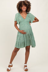 Light Olive Floral Smocked V-Neck Maternity Mini Dress