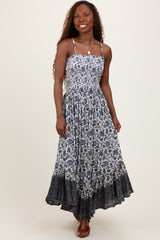 Navy Blue Floral Smocked Handkerchief Hem Maternity Maxi Dress