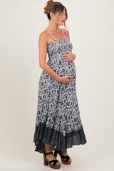 Navy Blue Floral Smocked Handkerchief Hem Maternity Maxi Dress