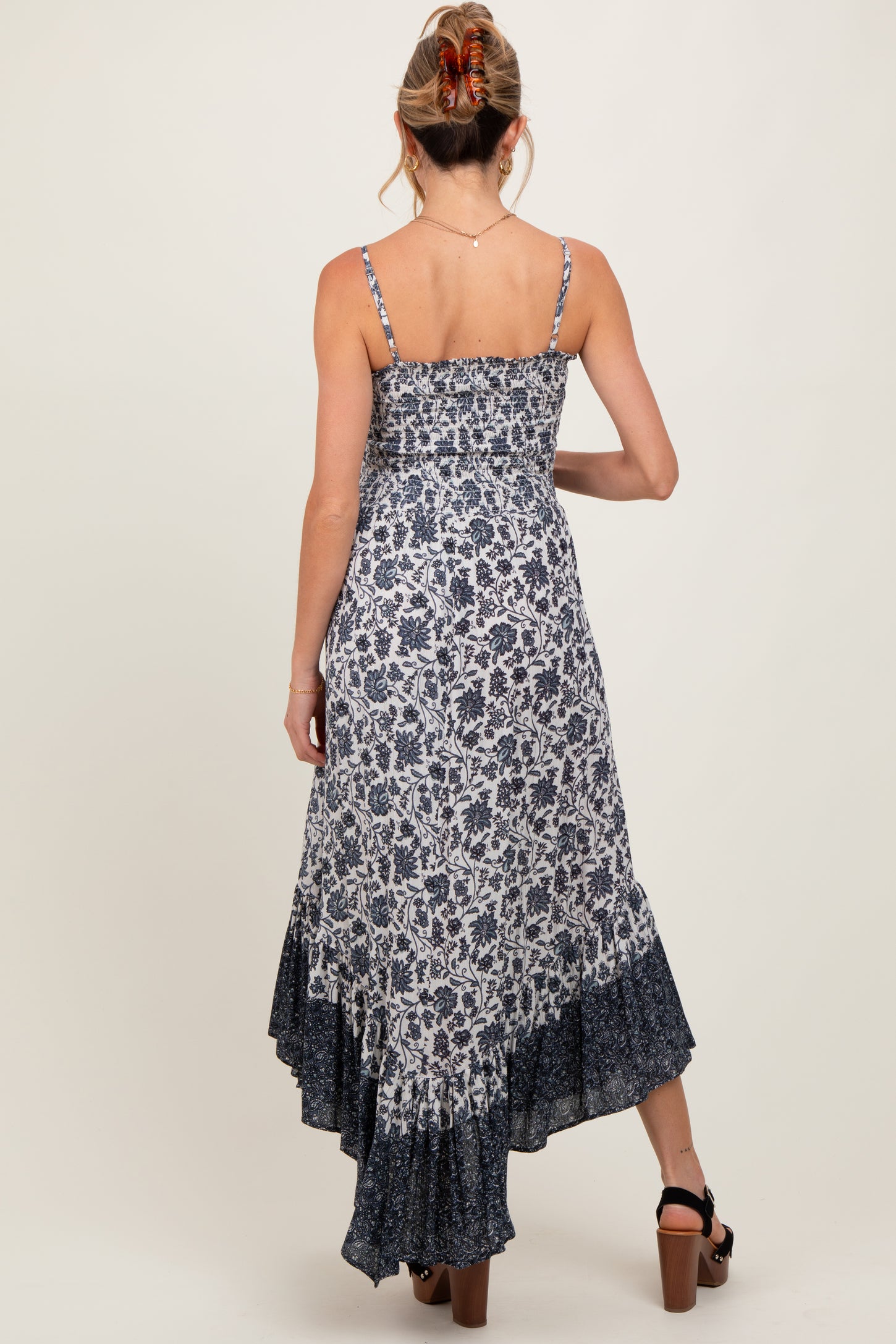 Navy Blue Floral Smocked Handkerchief Hem Maternity Maxi Dress