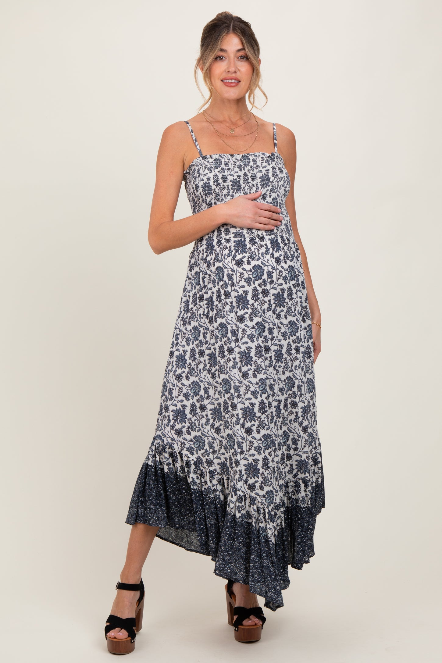 Navy Blue Floral Smocked Handkerchief Hem Maternity Maxi Dress