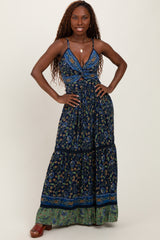 Navy Floral Twist Front Cutout Maxi Dress