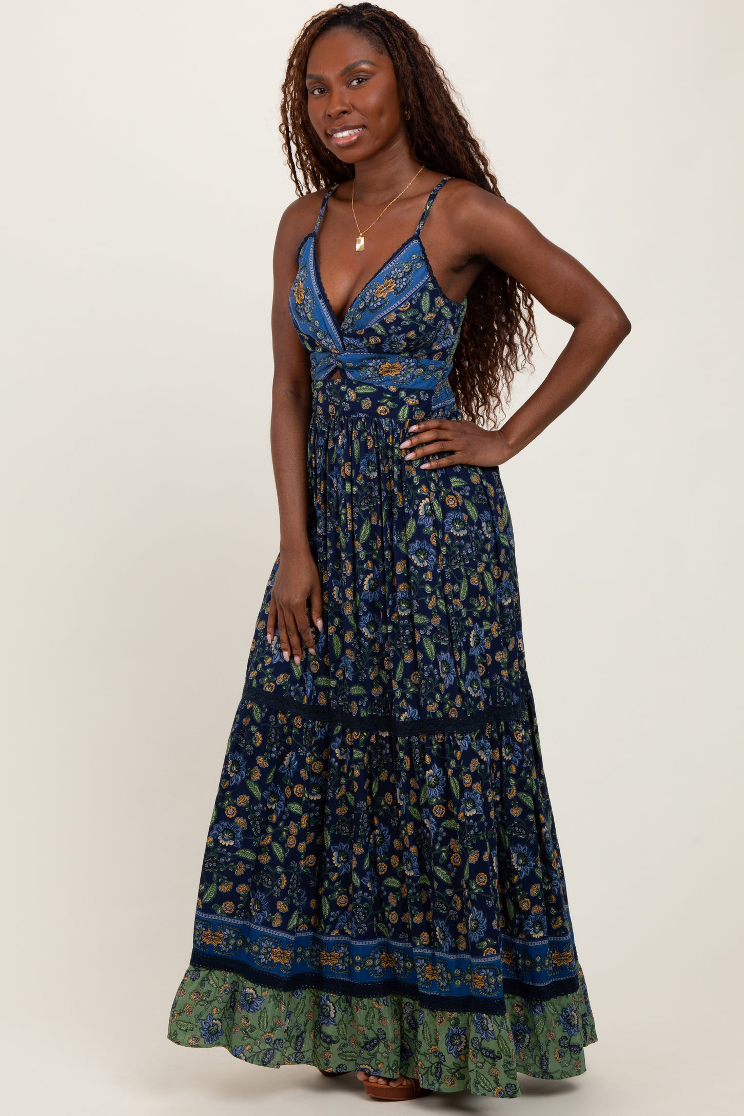 Navy Floral Twist Front Cutout Maxi Dress