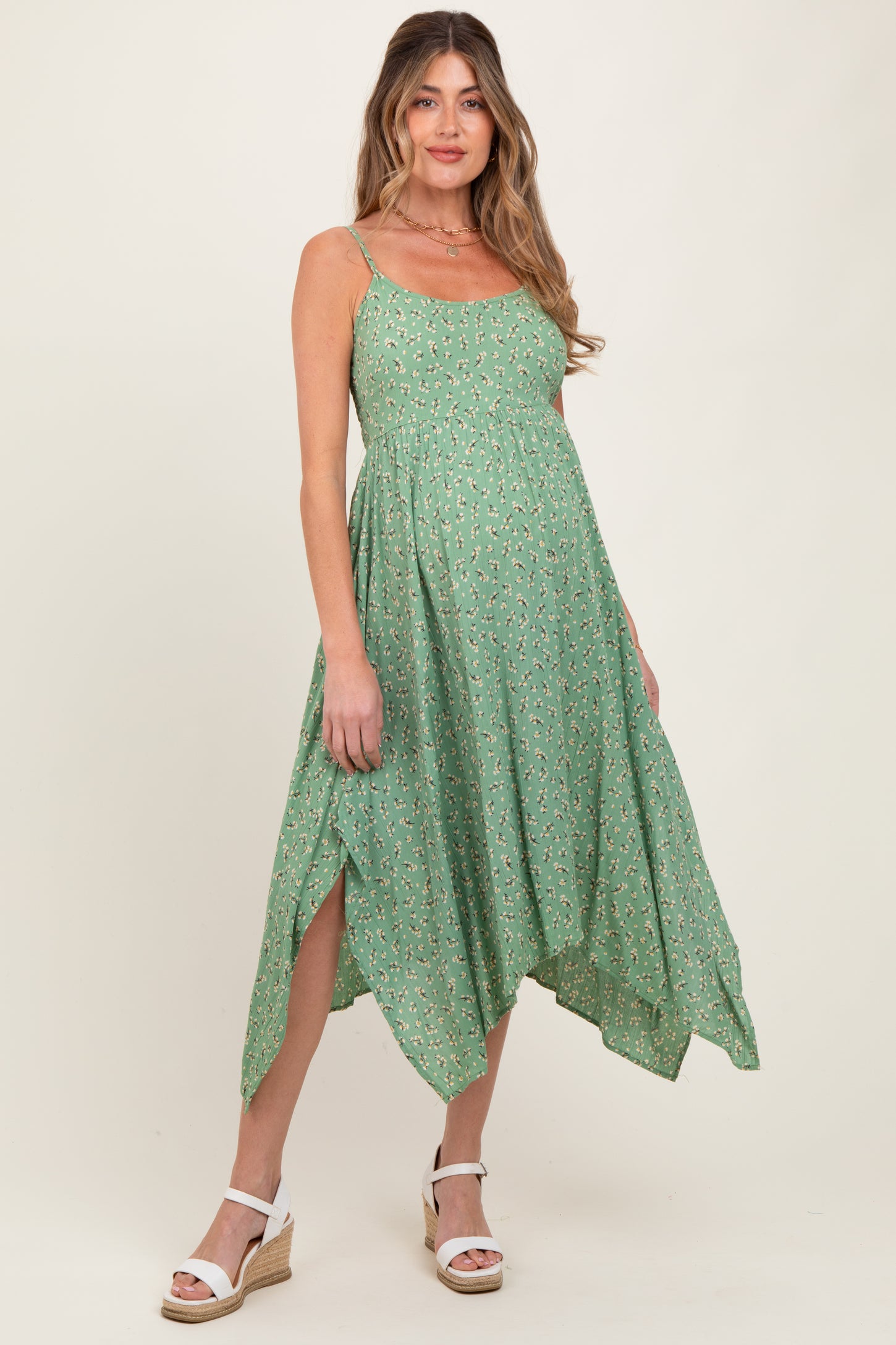 Light Olive Floral Handkerchief Hem Maternity Midi Dress