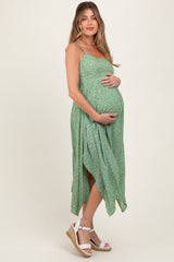 Light Olive Floral Handkerchief Hem Maternity Midi Dress