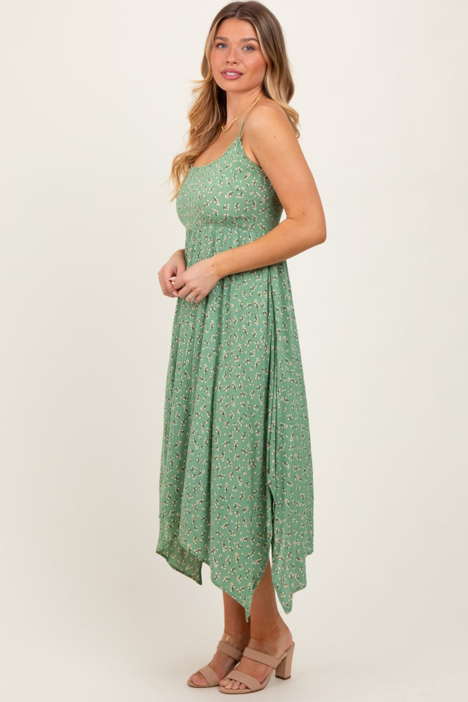 Light Olive Floral Handkerchief Hem Midi Dress