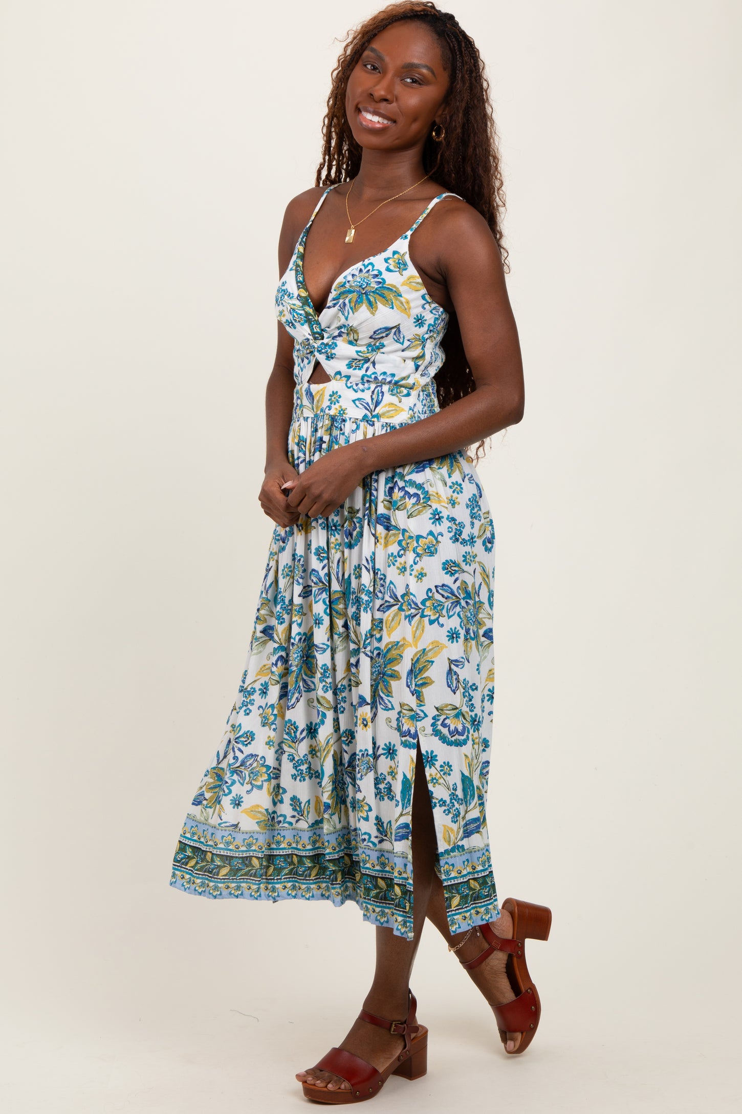 Blue Floral Border Print Cutout Midi Dress